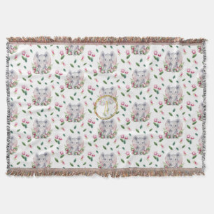 Blommigt ELEPHANT Monogram Girl Rosa Bedroom Nurse Filt