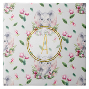 Blommigt ELEPHANT Monogram Girl Rosa Bedroom Nurse Kakelplatta
