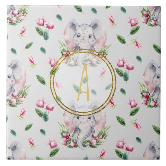 Blommigt ELEPHANT Monogram Girl Rosa Bedroom Nurse Kakelplatta (Framsidan)