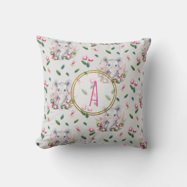 Blommigt ELEPHANT Monogram Girl Rosa Bedroom Nurse Kudde (Framsida)