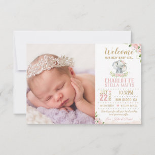  Blommigt Elephant Nyfödd bebis Girl Photo Birth Meddelande