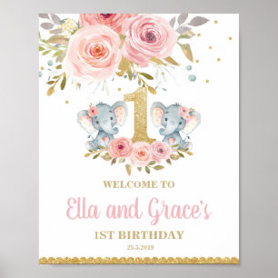 Blommigt Elephant Twin Girls 1:a födelsedag Välkom Poster