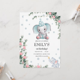 Blommigt Elephant Vild en första födelsedag flicka Inbjudningar