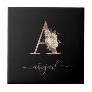 Blommigt Elfenbenskusten Ro Monogram Brev ’A’ Blac Kakelplatta