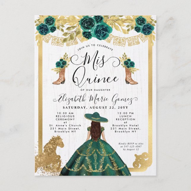Blommigt Emerald Grönt Charra Princess Quinceanera Inbjudan Vykort (Framsida)