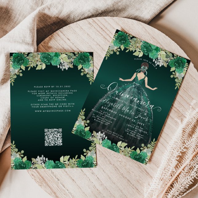 Blommigt Emerald Grönt Dress Birthday QR Quinceane Inbjudningar (Skapare uppladdad)