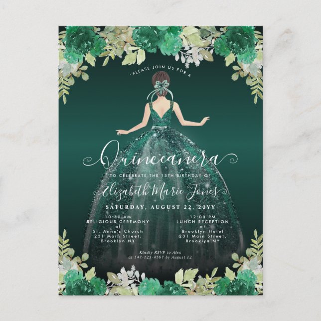 Blommigt Emerald Grönt Dress Birthday Quinceanera  Vykort (Framsida)