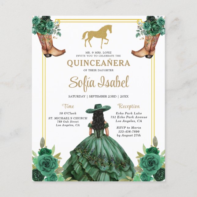 Blommigt Emerald Grönt Guld Boots Horse Quinceaner (Framsida)