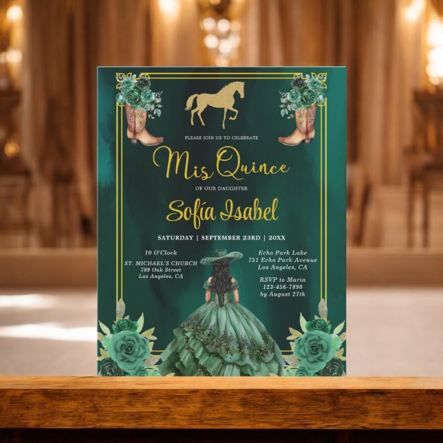 Blommigt Emerald Grönt Guld Boots Horse Quinceaner Flygblad (Skapare uppladdad)