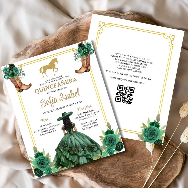 Blommigt Emerald Grönt Guld Boots Horse Quinceaner Flygblad (Skapare uppladdad)