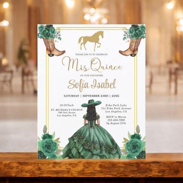Blommigt Emerald Grönt Guld Boots Horse Quinceaner Flygblad (Skapare uppladdad)