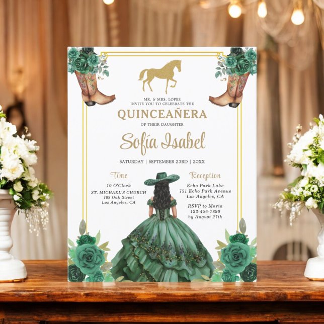 Blommigt Emerald Grönt Guld Boots Horse Quinceaner Flygblad (Skapare uppladdad)
