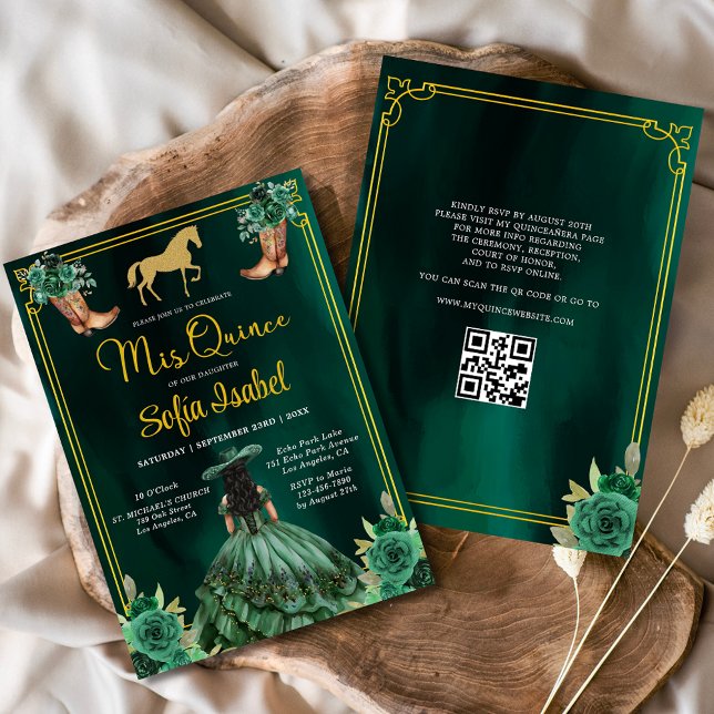 Blommigt Emerald Grönt Guld Boots Horse Quinceaner Inbjudningar (Skapare uppladdad)
