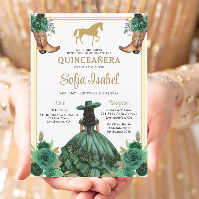 Blommigt Emerald Grönt Guld Boots Horse Quinceaner Inbjudningar (Skapare uppladdad)