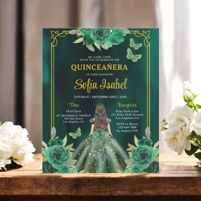 Blommigt Emerald Grönt Guld Butterfly Quinceanera Flygblad (Skapare uppladdad)