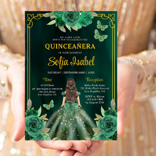 Blommigt Emerald Grönt Guld Butterfly Quinceanera Inbjudningar