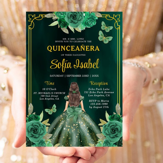 Blommigt Emerald Grönt Guld Butterfly Quinceanera Inbjudningar (Skapare uppladdad)
