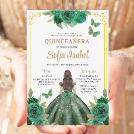 Blommigt Emerald Grönt Guld Butterfly Quinceanera Inbjudningar