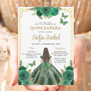 Blommigt Emerald Grönt Guld Butterfly Quinceanera Inbjudningar