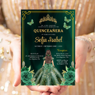 Blommigt Emerald Grönt Guld Butterfly Quinceanera Inbjudningar