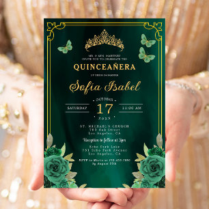 Blommigt Emerald Grönt Guld Butterfly Quinceanera Inbjudningar