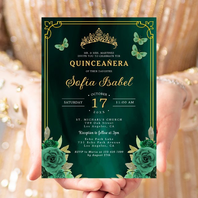 Blommigt Emerald Grönt Guld Butterfly Quinceanera Inbjudningar (Skapare uppladdad)