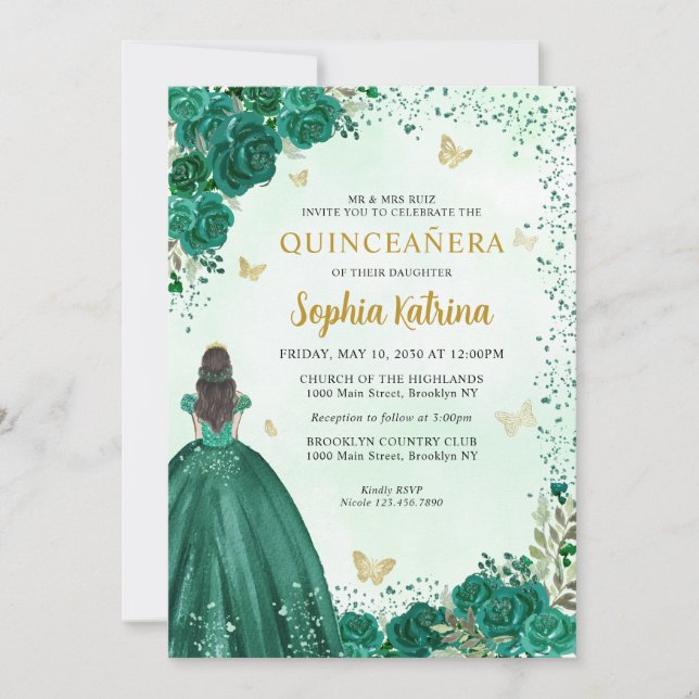 Blommigt Emerald Grönt Guld Princess Quinceanera Inbjudningar (Framsida)