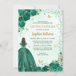 Blommigt Emerald Grönt Guld Princess Quinceanera Inbjudningar