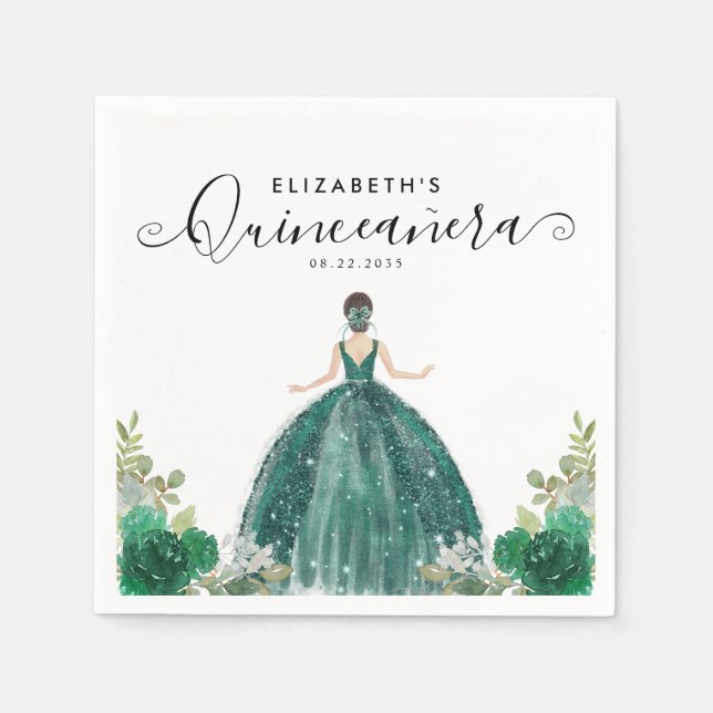 Blommigt Emerald Grönt Princess Dress Quinceanera Pappersservett (Framsidan)