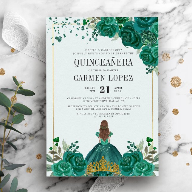 Blommigt Emerald Grönt Princess Quinceanera Inbjudningar (Skapare uppladdad)