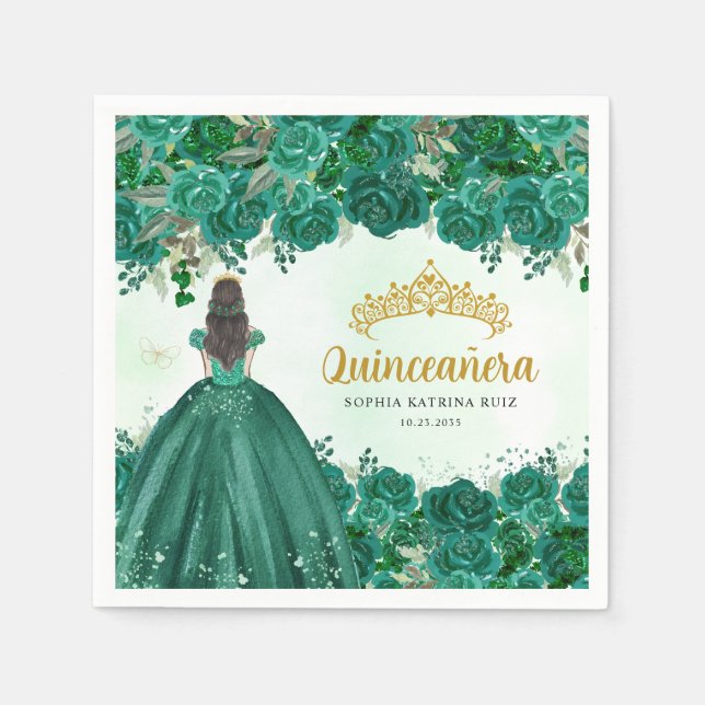 Blommigt Emerald Grönt Princess Tiara Quinceanera Pappersservett (Framsidan)
