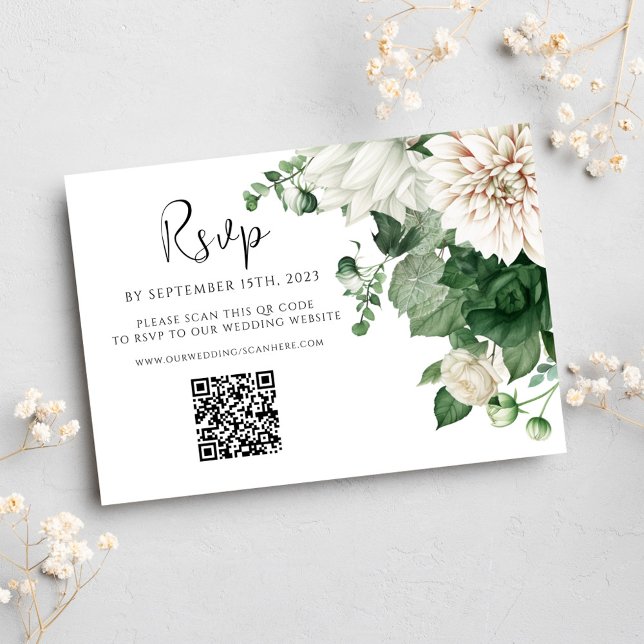 Blommigt Emerald Grönt QR Code Bröllop OSA Kort (Floral Emerald Green QR Code Wedding RSVP Card)