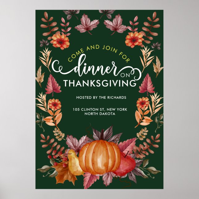 Blommigt Emerald Grönt Thanksgiving Middag Poster (Framsidan)