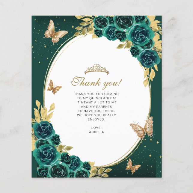 Blommigt Emerald Guld Butterfly Quinceañera Photo (Framsida)
