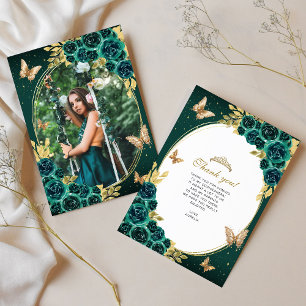 Blommigt Emerald Guld Butterfly Quinceañera Photo Tack Kort