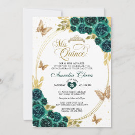 Blommigt Emerald Guld Tiara Butterfly Quinceañera Inbjudningar