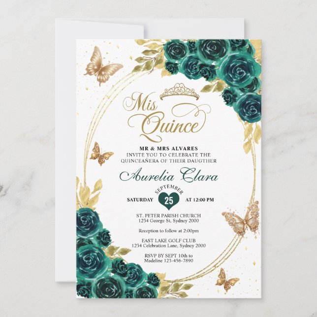 Blommigt Emerald Guld Tiara Butterfly Quinceañera Inbjudningar (Framsida)