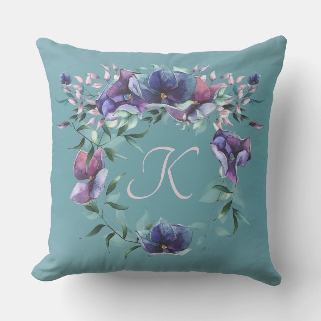 Blommigt Enchantment Monogram på Teal Ombre Throw  Kudde (Framsida)