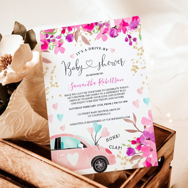 Blommigt Enhet för vattenfärgshjärtan för babydusc Inbjudningar (Floral Drive by baby shower car watercolor hearts Invitation)
