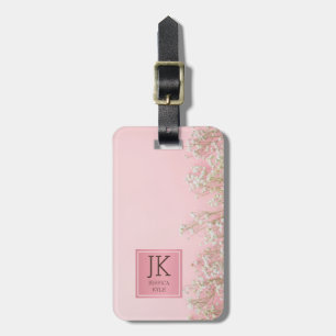 Blommigt Enkel Elegant Rosa Metall Monogrammed Nam Bagagebricka