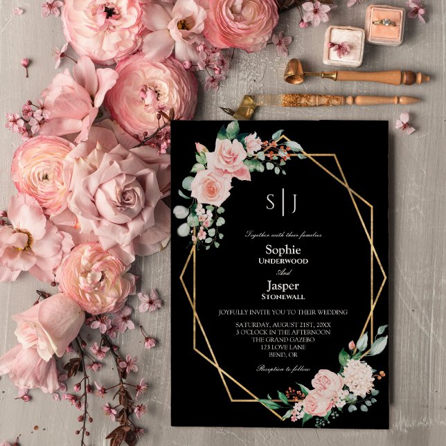  Blommigt Enkel svart Monogram Bröllop Inbjudningar (Skapare uppladdad)