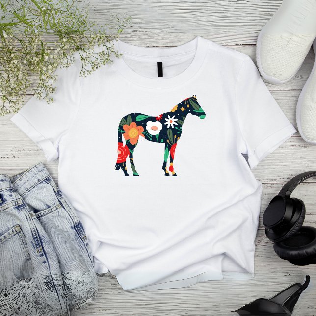 Blommigt Equine Silhouette T Shirt (Floral Equine Silhouette T-Shirt)