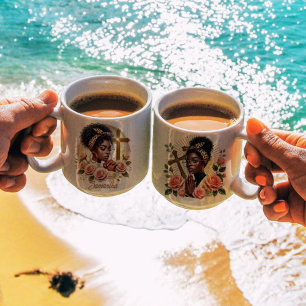 Blommigt Etnisk kristen Praying Black Woman Kaffemugg