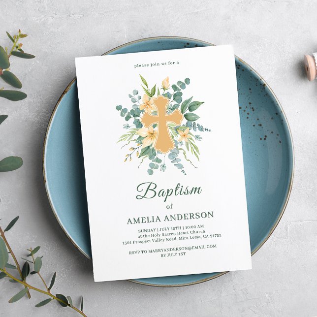 Blommigt Eucaliptus Guld Kor Baptism Elegant Inbjudningar (Skapare uppladdad)