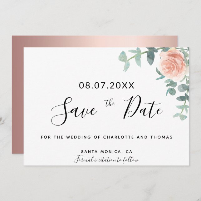 Blommigt Eucaluptus ro guld bröllop spara datum (Fram/baksida)