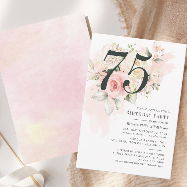 Blommigt Eucalyptus Foliage Rosa 75:e Födelsedagsf (Elegant 75th Birthday Party Pink Rose Floral Invitation)