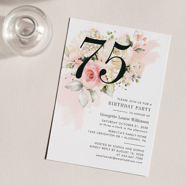 Blommigt Eucalyptus Foliage Rosa 75:e Födelsedagsf Inbjudningar (Pink Floral and Greenery Foliage 75th Birthday Party Invitation)