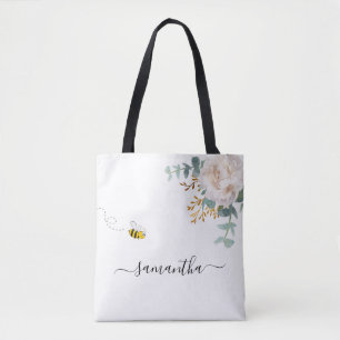 Blommigt Eucalyptus greenery bee namn-skript Tygkasse