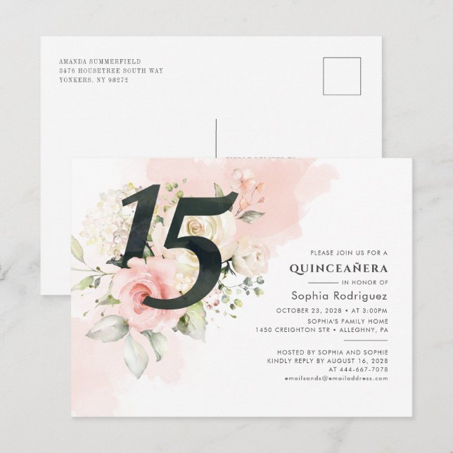 Blommigt Eucalyptus Löv Quinceanera 15:e födelseda Inbjudan Vykort (Fram/baksida)