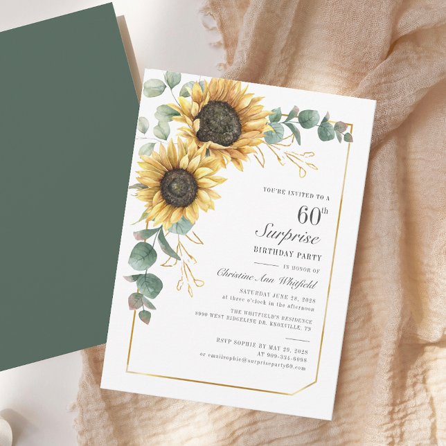 Blommigt Eucalyptus Solros 60:e Födelsedagsfesten Inbjudningar (Floral Sunflower Eucalyptus Script 60th Birthday Party Invitation)